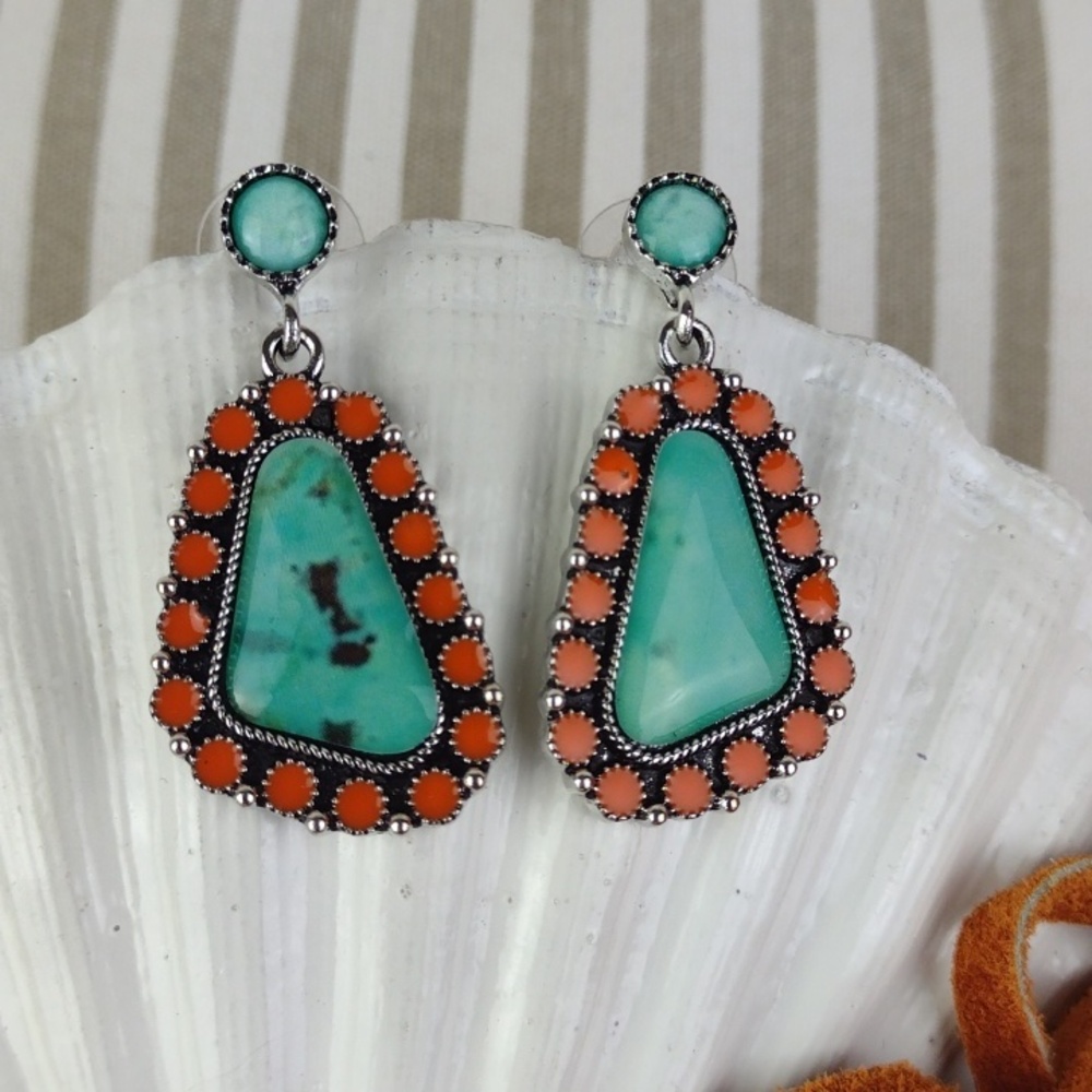 Turquoise and Coral Faux Stone Gorgeous Drop Earrings - Picture 3 of 8